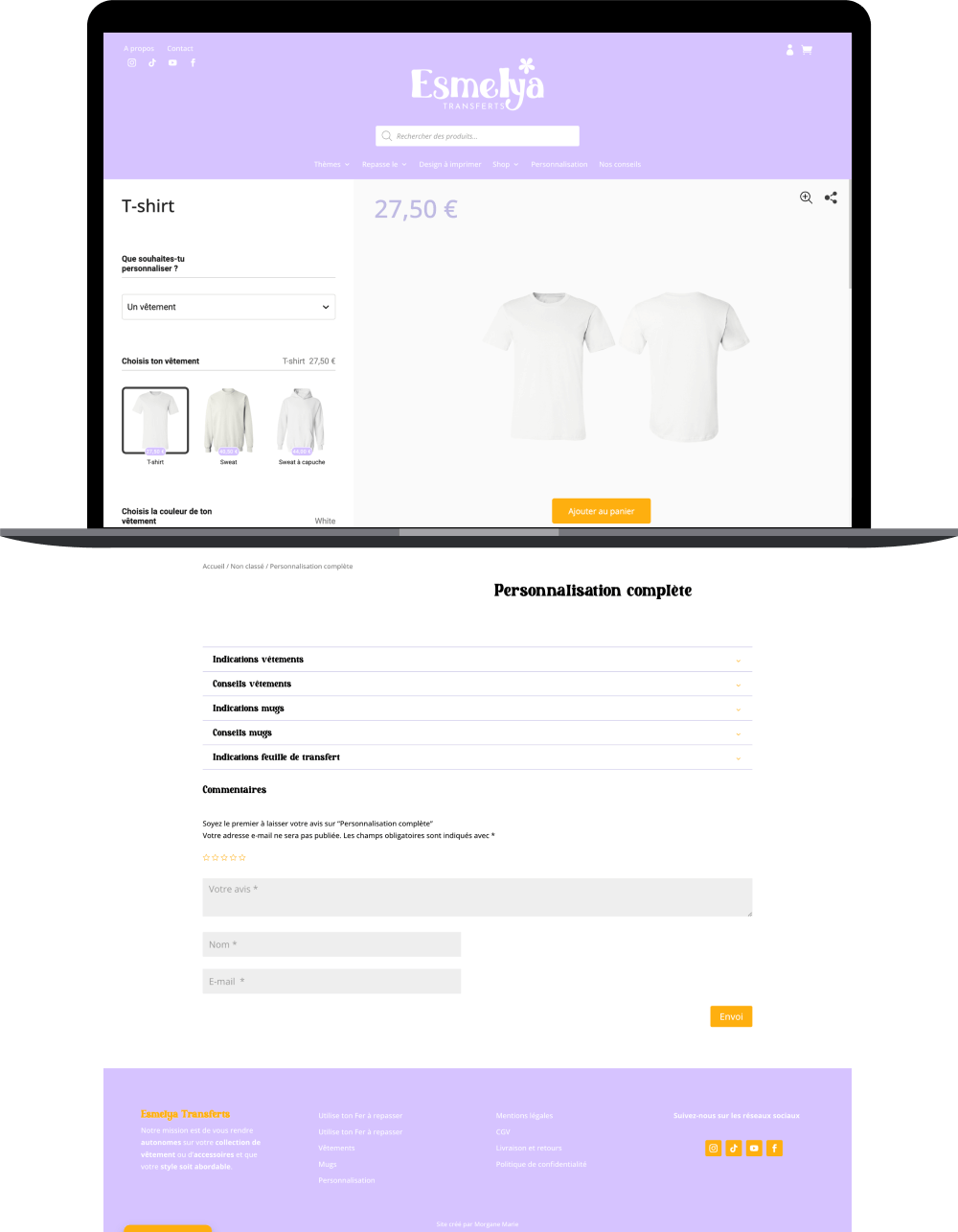 Page produit personnalisé site e-commerce Esmelya