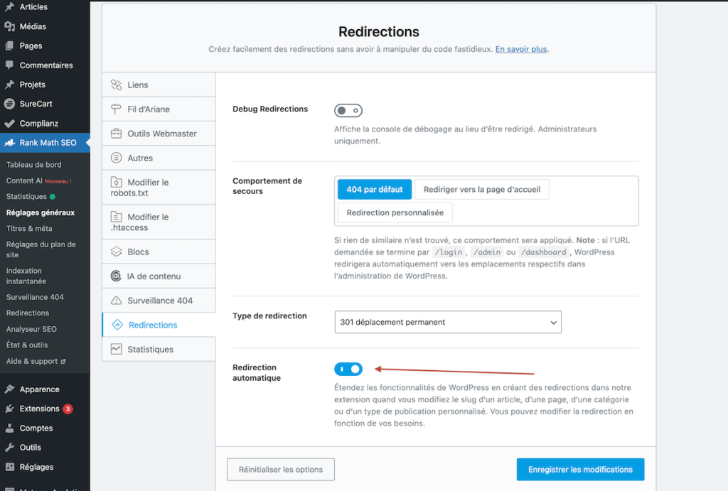 Redirection automatique RankMath SEO WordPress